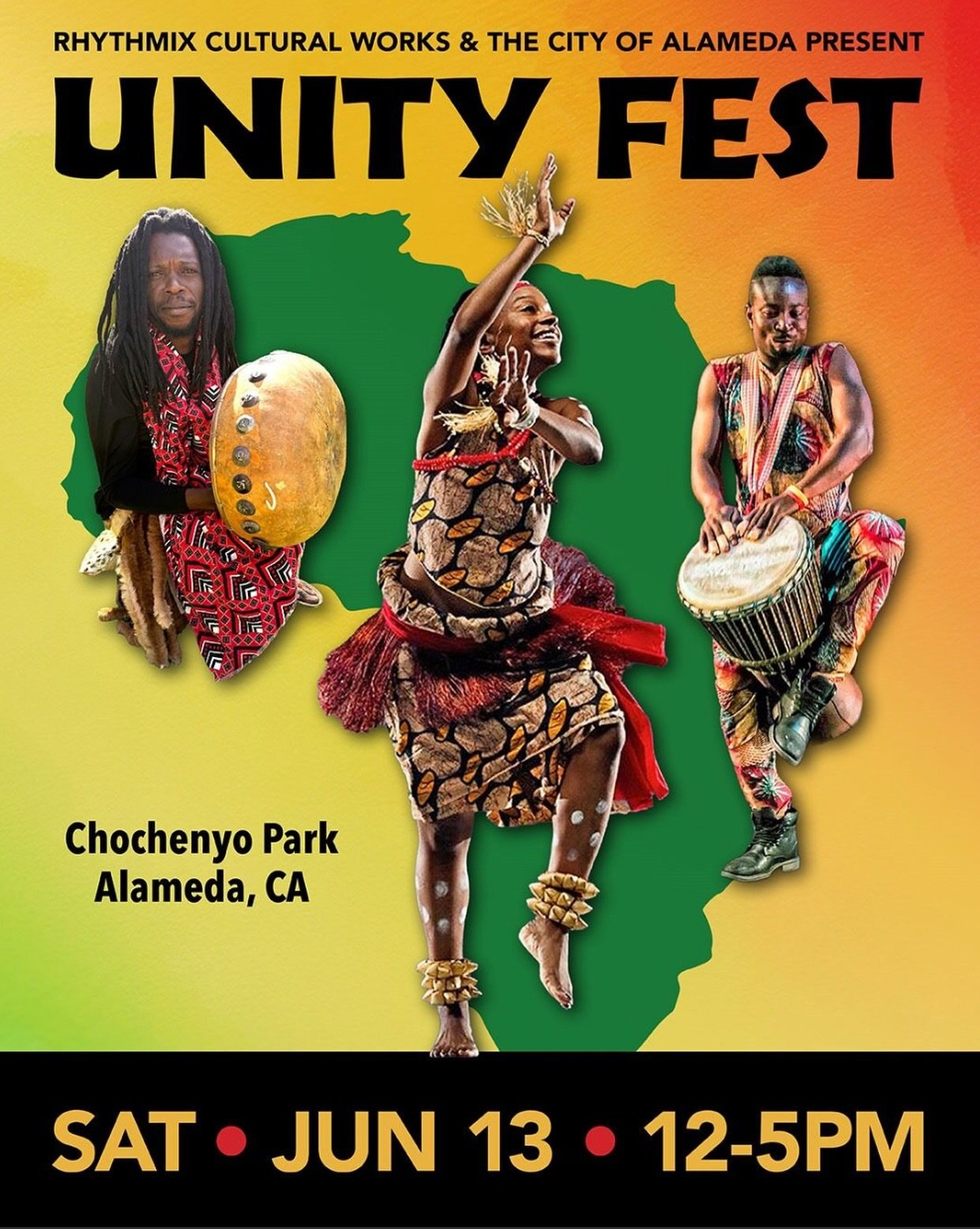 Bring the whole family to 

Unity Fest at Chochenyo Park
2430 Encinal Avenue
Alameda, CA 

Saturday, June 13th - Noon &ndash; 5:00pm

Celebrate the vibrant cultures and performing arts traditions of Africa and the African Diaspora in a free, family-f