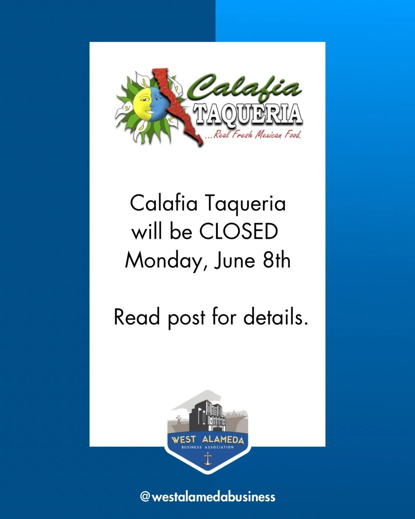 Hi everyone! We will be closed today for a brief operational reset and will reopen tomorrow during our regular business hours. 

Thank you for your patience and support!
@calafia.taqueria.oficial 

@westalamedabusiness