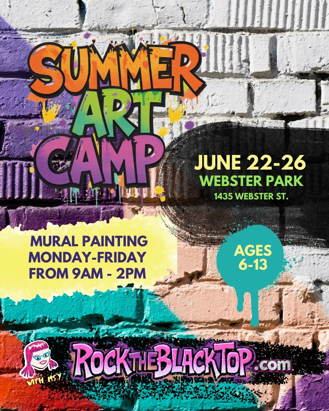 Sign your kid/s up now at @joanneyada for 

June 22nd-26th - Mural Art Camp in 
Webster Park!

🎨 Students ages 6-13 paint a collaborative mural on the black fence surrounding Webster Park. With the guidance of teacher&nbsp;Ms. Y., they will design a
