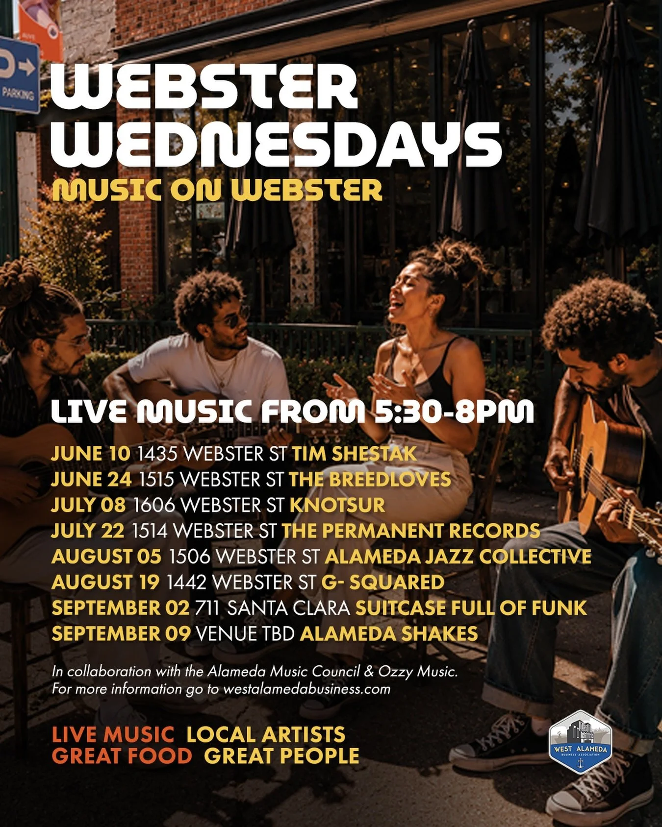 Webster Wednesdays kicks off this Wednesday, June 10th at 5:30pm - Webster Park Stage with G Timothy Shestak and special guests. 

Follow @gtimothyshestak to get a sneak peek at his sound then head over to 

Webster Park - 1435 Webster Street, Alamed
