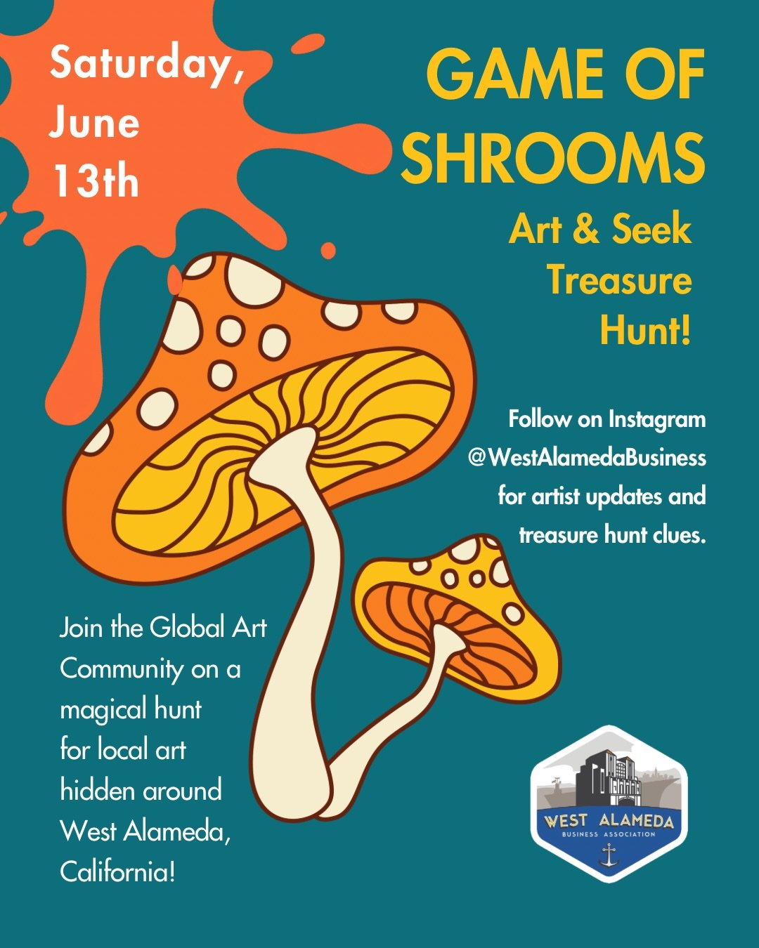 This Saturday, June 13th is Game of Shrooms - the global Art &amp; Seek Holiday! Swipe to see the artists hiding original mushroom themed art in West Alameda, CA - then check out the pinned post at @westalamedabusiness for details on Saturday&rsquo;s