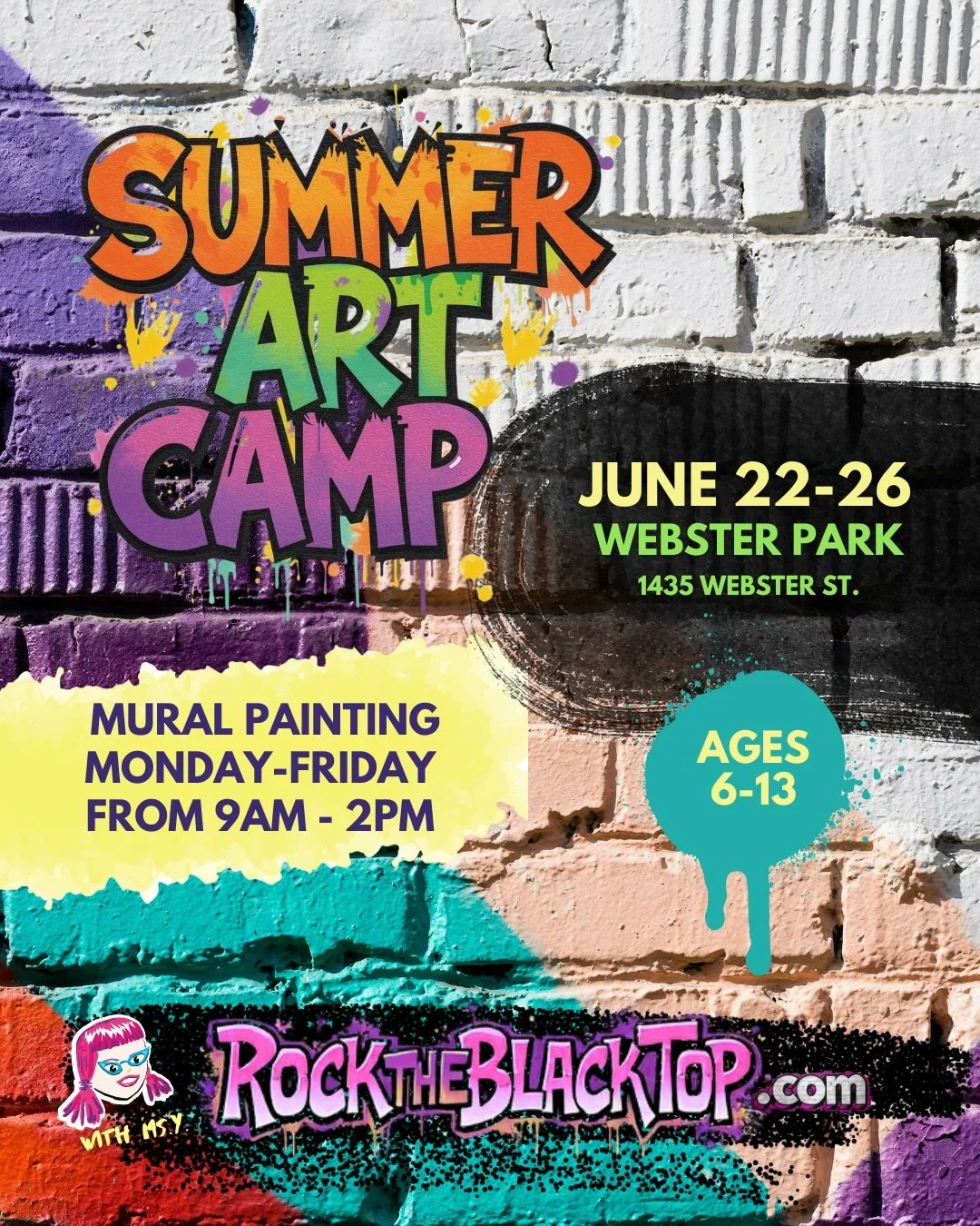 Sign your kid/s up now at @joanneyada for 

June 22nd-26th - Mural Art Camp in 
Webster Park!

🎨 Students ages 6-13 paint a collaborative mural on the black fence surrounding Webster Park. With the guidance of teacher&nbsp;Ms. Y., they will design a