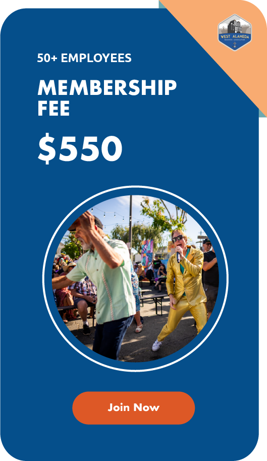 Promotional flyer for West Alameda with membership fee of $550 for 50+ employees, featuring a woman singing into a microphone at an outdoor event.