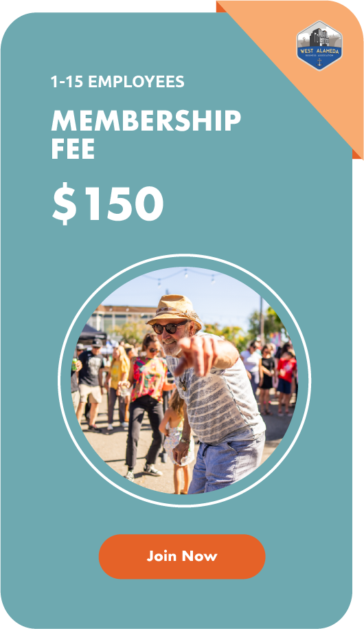 Flyer for West Alameda with membership details. Highlights a fee of $150 for 1 to 15 employees. Features a photo of a smiling man in a striped shirt and hat at an outdoor event, pointing towards the camera. Includes a red "Join Now" button.