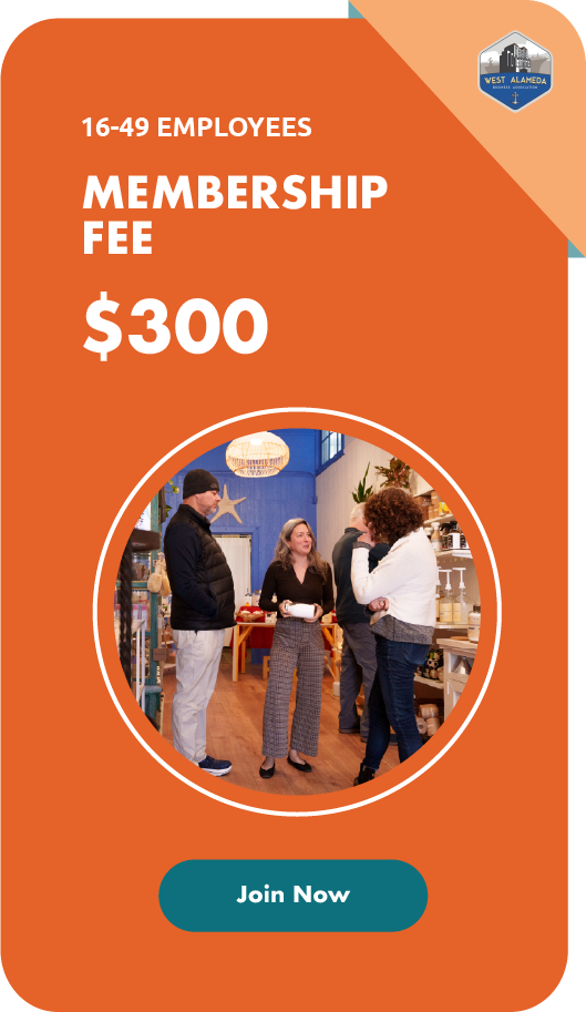 A promotional flyer for West Alameda showing membership fee details, featuring a photo of people talking in a store or cafe, with a 'Join Now' button.