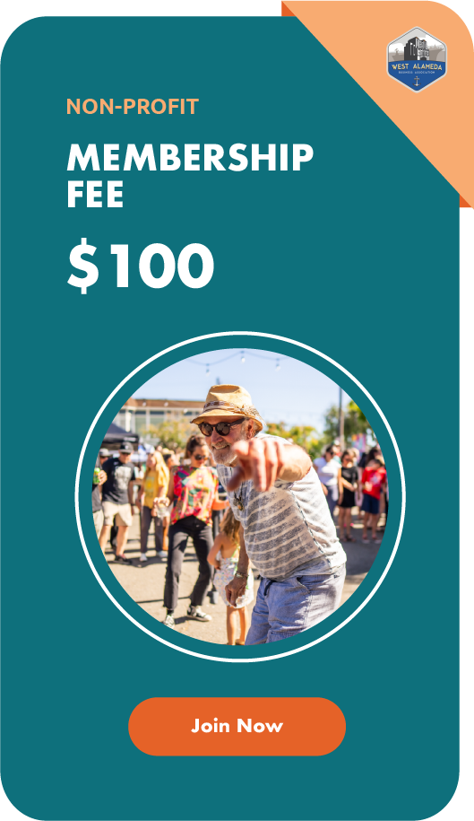 A promotional flyer for a non-profit organization highlighting a membership fee of $100, featuring a photo of a smiling, elderly man with sunglasses and a hat, pointing towards the camera at a lively outdoor event with people in the background.