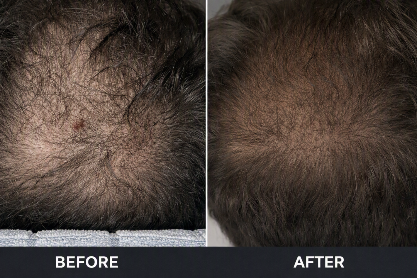 Comparison of scalp before and after hair treatment showing increased hair density and reduced bald spot.