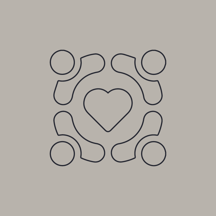 Outline of four stylized people surrounding a heart on a dark background.