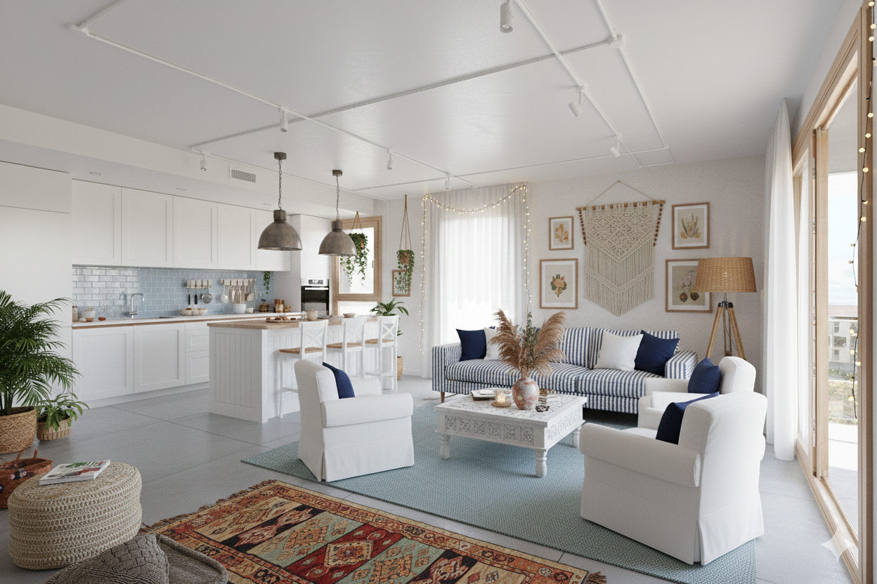 Sala de estar con sofá de rayas azul y blanco, sillones blancos, mesa de centro decorada con flores, alfombra azul, decoraciones de pared y cortinas blancas, cocina moderna blanca en el fondo.