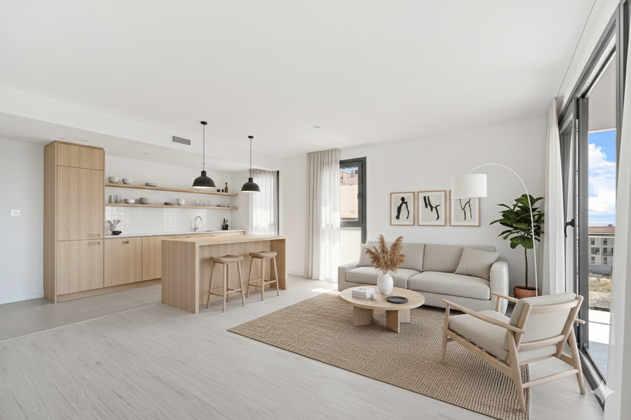 Salón y cocina de estilo minimalista con muebles de madera clara, sofá beige, mesa de centro redonda, lámpara de pie, plantas y decoraciones en tonos neutros.