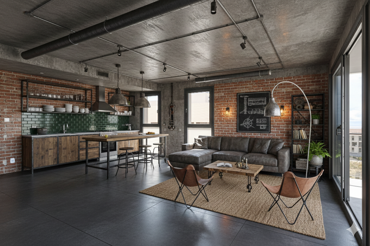 Sala de estar en un apartamento con estilo industrial, con paredes de ladrillo expuesto, un sofá gris y sillas de cuero, una mesa de madera y una estantería con plantas y libros.