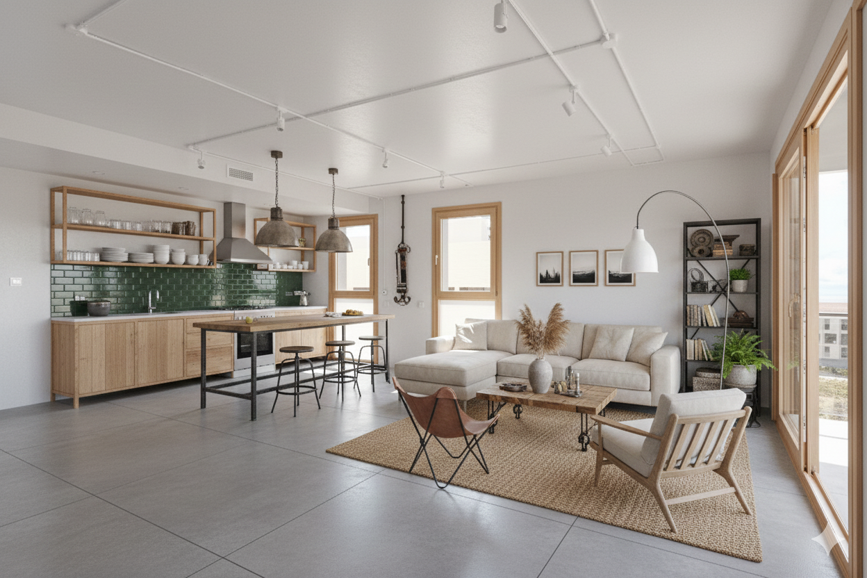 Sala de estar y cocina en un estilo moderno con muebles de madera y sillas negras
