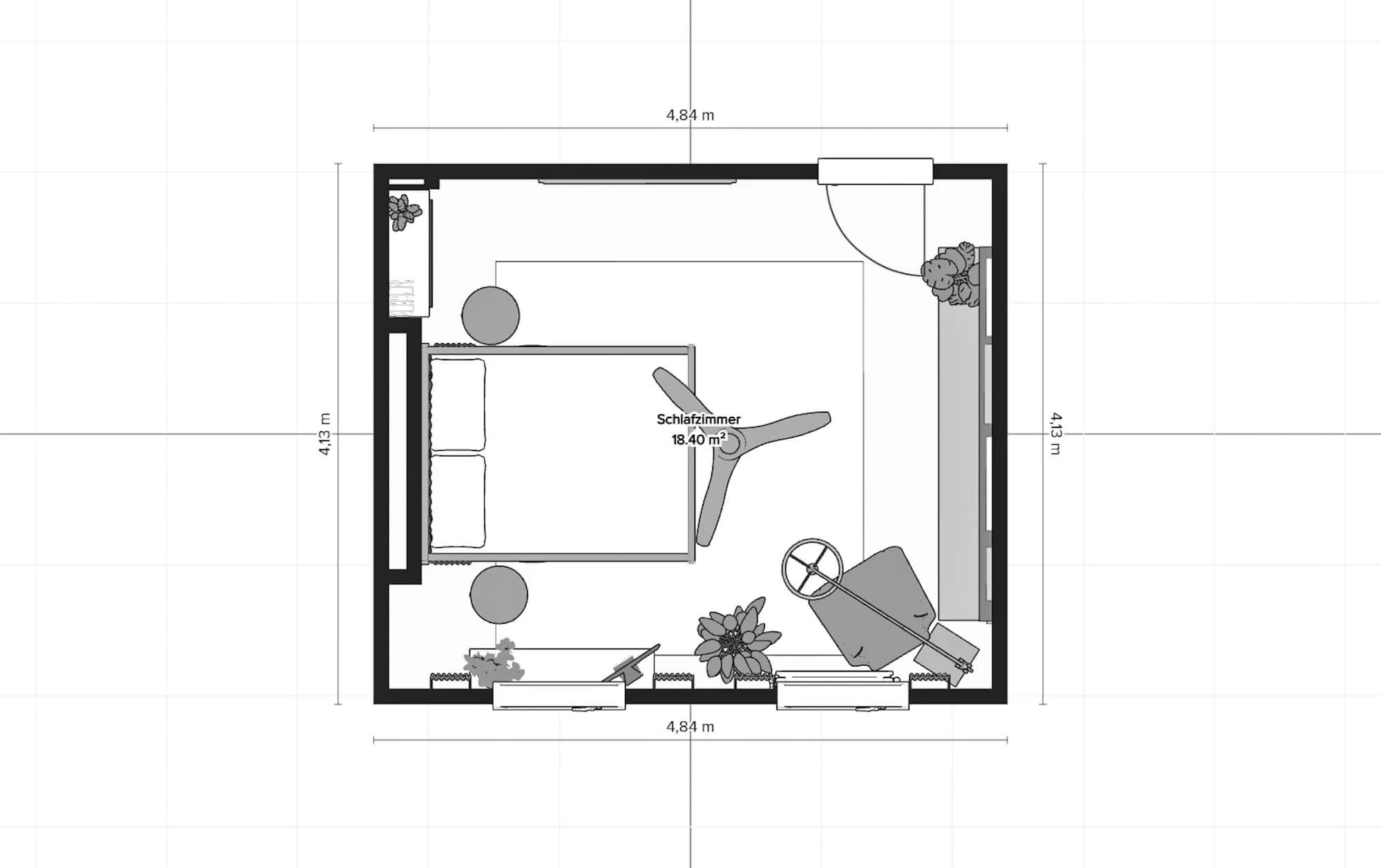 Technischer Möbelplan für das Layout eines 18,40 m² großen Schlafzimmers in Aachen .