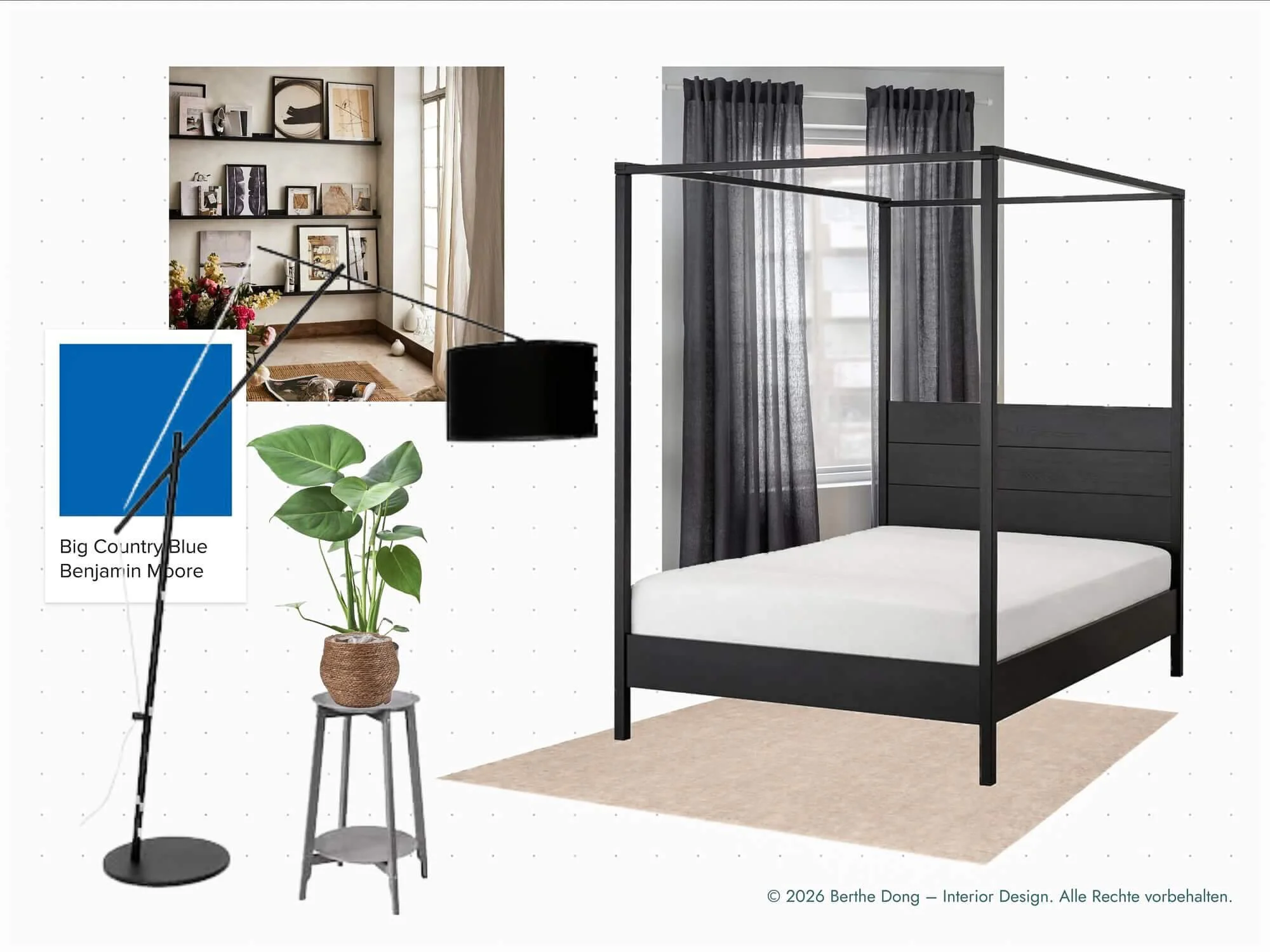 Interior Design Moodboard für das Aachener Schlafzimmer-Projekt mit Farbschema „Big Country Blue“ und schwarzem Himmelbett .
