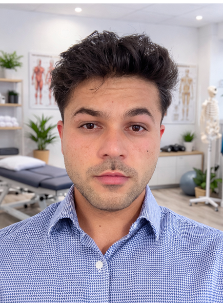 Portrait of a young man with dark hair in a pink blouse, looking at the camera with a slight smile, in an indoor setting with blurred background lighting.