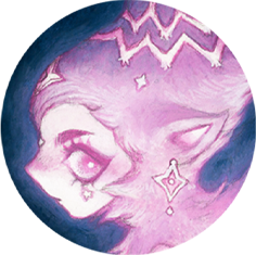 A stylized watercolor illustration of a fantasy fairy character zoomed into the face with pointed cat-like ears and pink hair, featuring stars and sparkles in a vibrant, pastel pink and purple color palette.