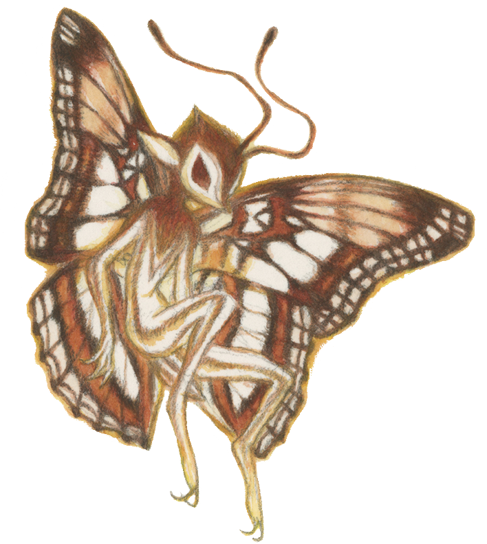 A watercolor illustration of a brown and white fairy flying.
