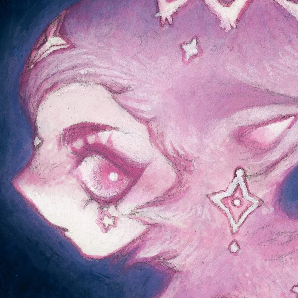 A stylized watercolor illustration of a fantasy fairy character zoomed into the face with pointed cat-like ears and pink hair, featuring stars and sparkles in a vibrant, pastel pink and purple color palette.