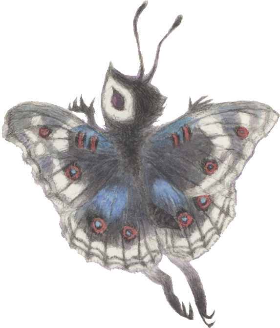 A butterfly fairy flying with dark grey, white, blue, and red markings on its wings.