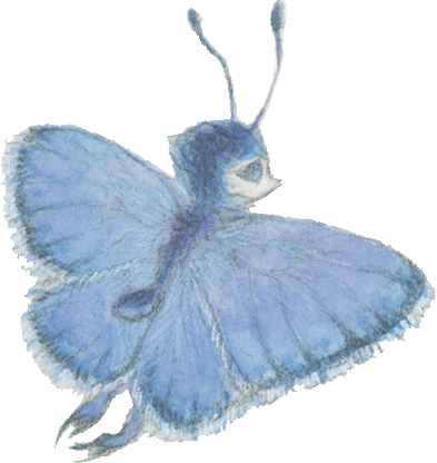 A small blue butterfly fairy flying seen from the back.