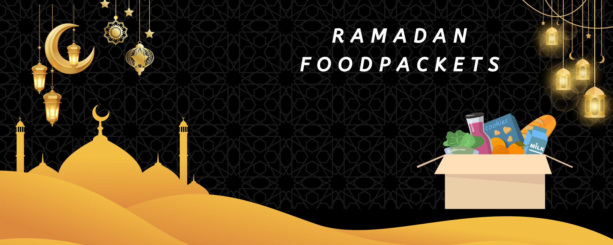 Ramadan-themed digital illustration featuring gold lanterns, crescent moons, and stars hanging from above against a dark, patterned background. A silhouette of a mosque with domes and minarets is at the bottom, and a cardboard box filled with food items such as vegetables, juice, cookies, and milk is on the right side.