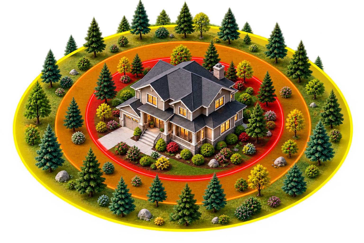 Defensible space zones surrounding a home