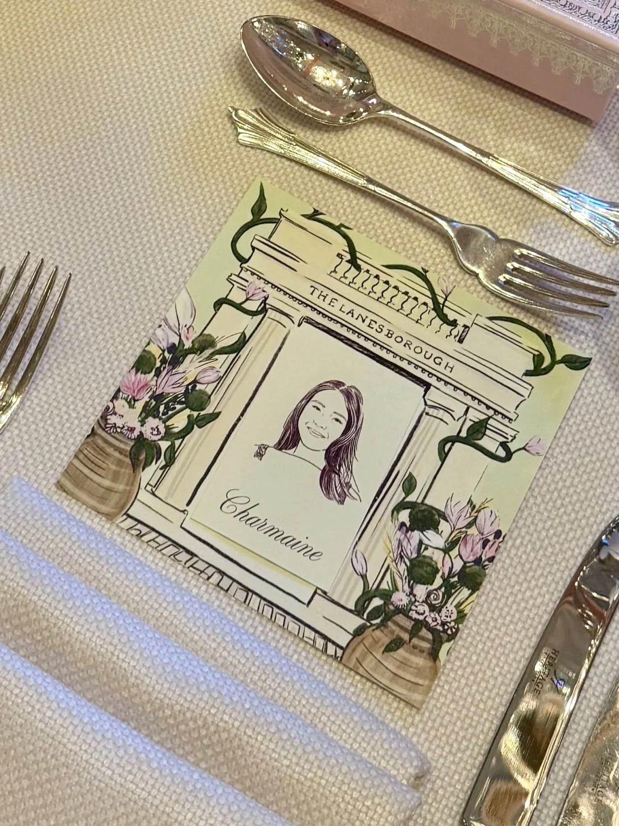 Custom guest portrait illustration as a place card, with custom menu