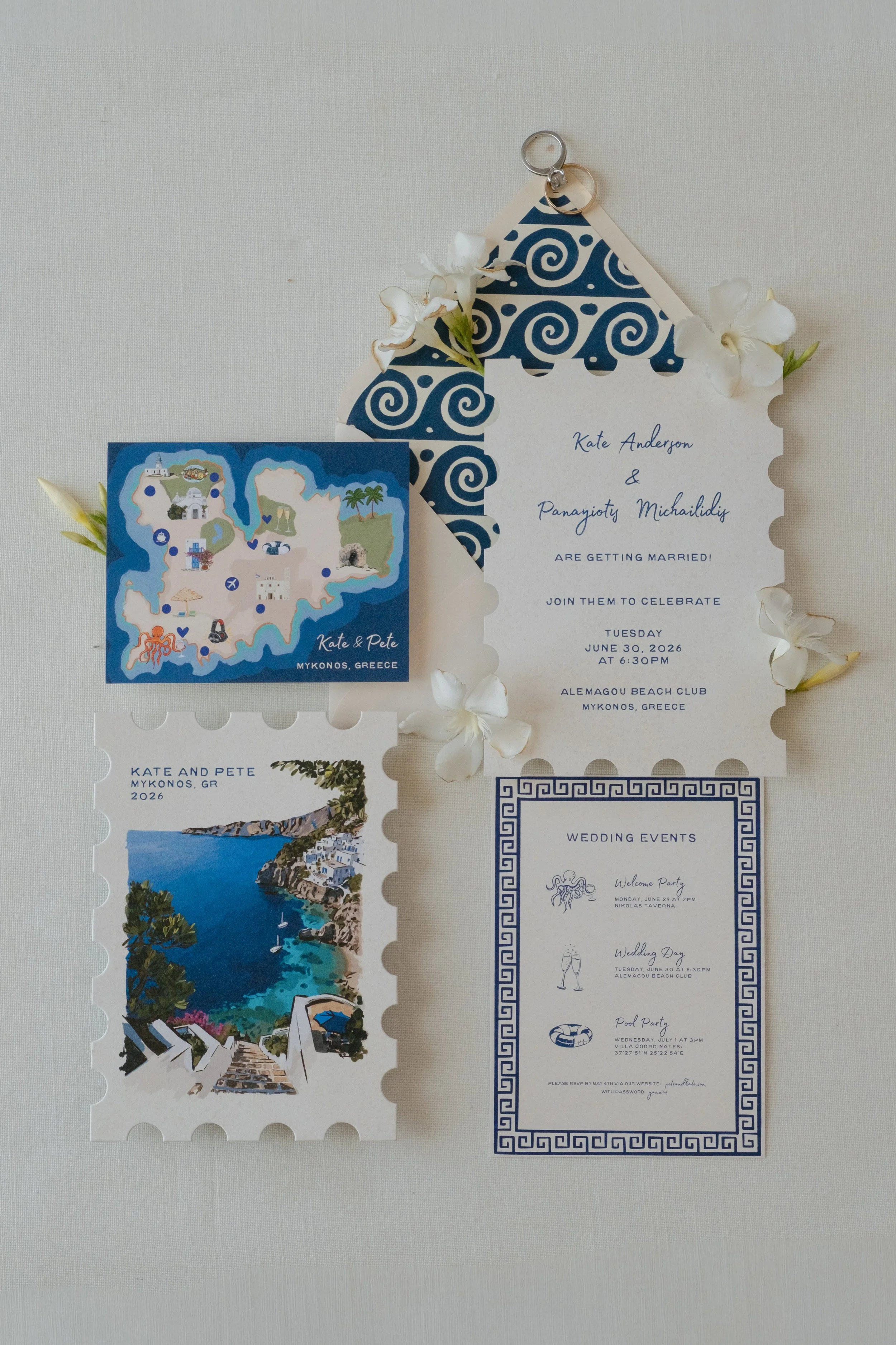 Custom wedding invitation suite with a map of Mykonos, Greece, and details of the wedding ceremony and events