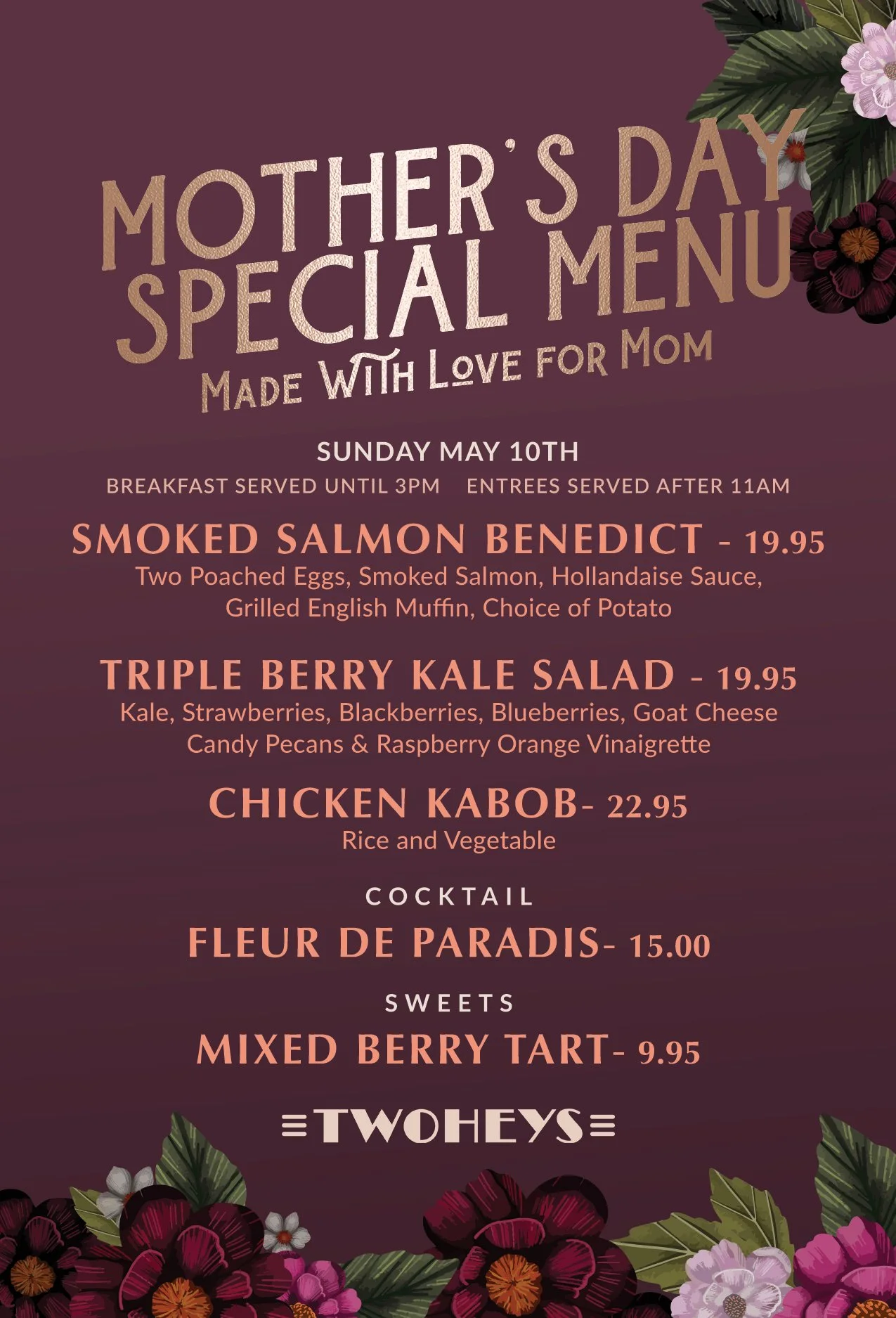 Mother's Day Special Menu at Twoheys