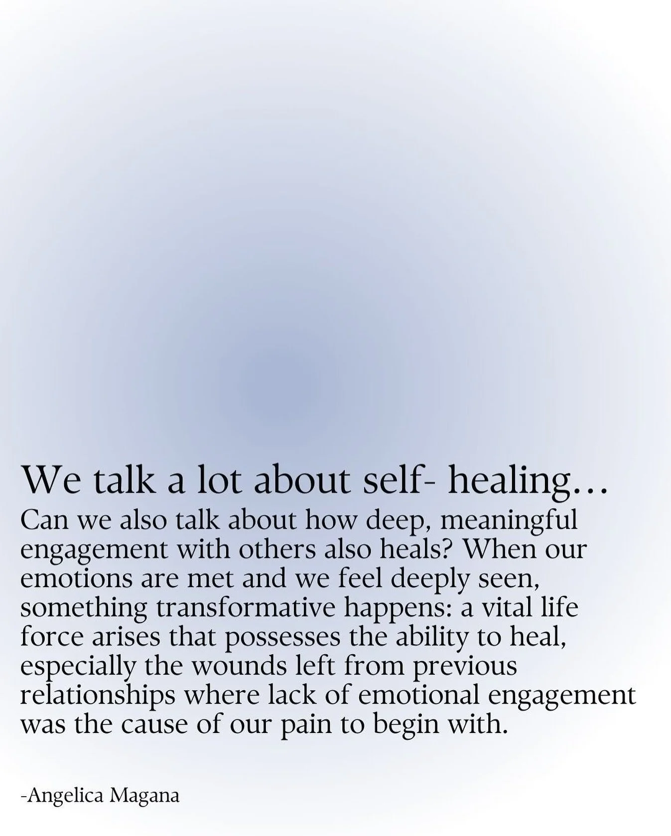 While I believe it is important to take responsibility for our own work, I also believe that healing can&rsquo;t happen in isolation. 

Over the years in psychology, we&rsquo;ve seen a paradigm shift from emphasis on one-person intrapsychic process t
