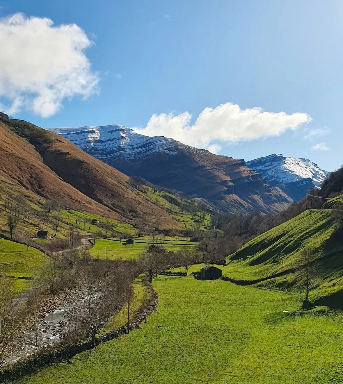 A scenic landscape featuring green rolling hills, a winding river, and snow-capped mountains in the background under a partly cloudy blue sky.