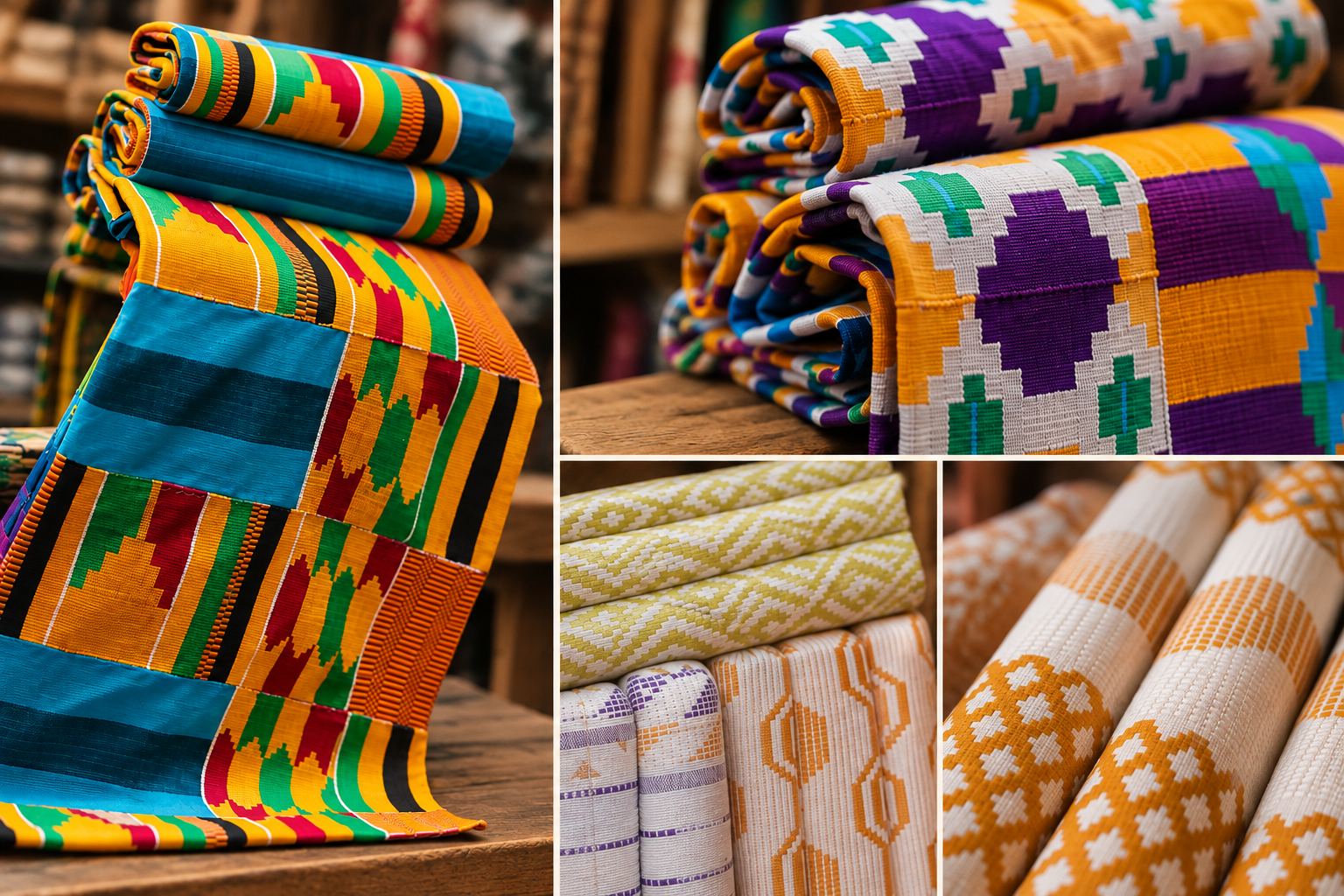 Collage of colorful folded Kente textiles featuring geometric woven patterns in blue, orange, purple, green, yellow, and white.