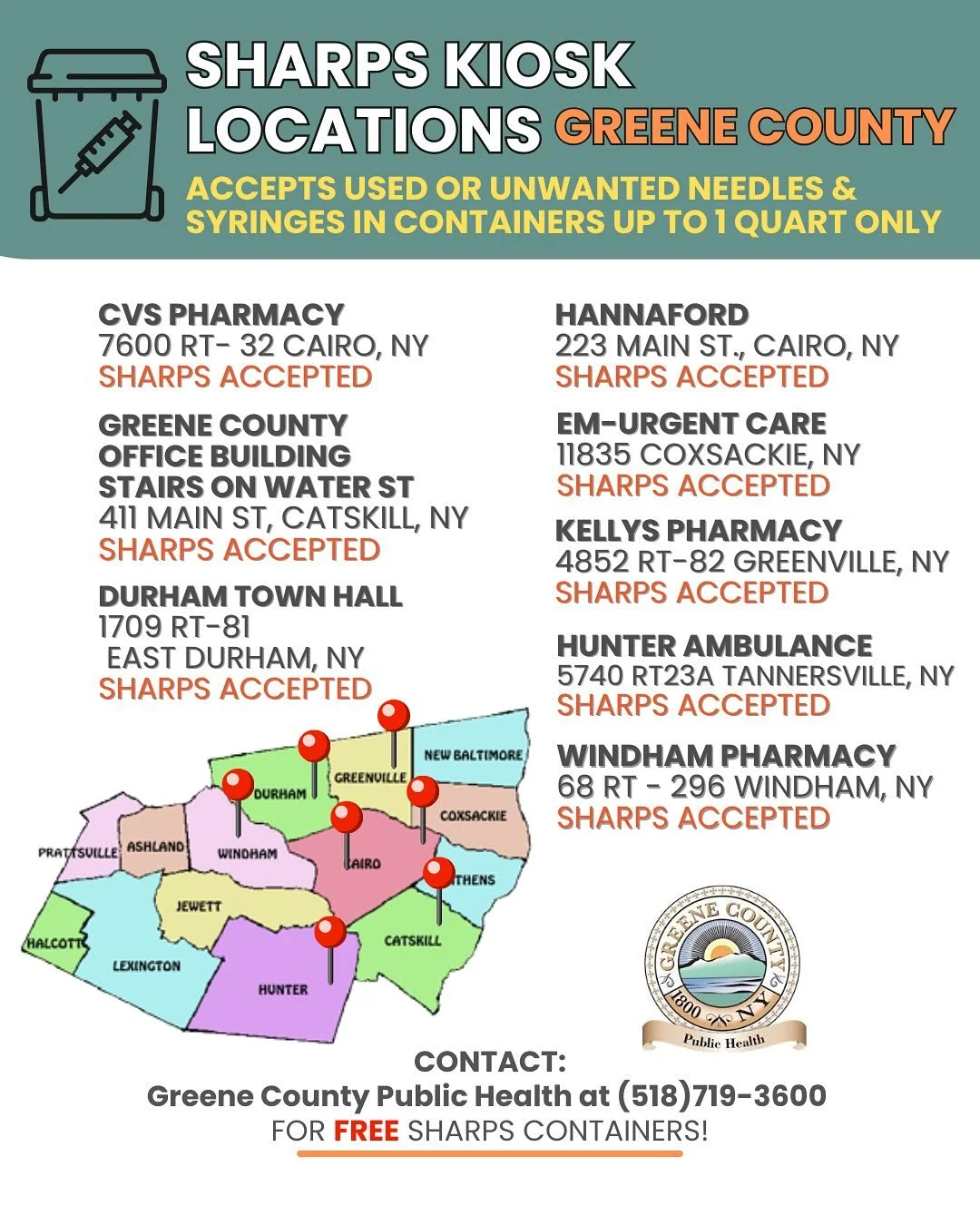 Columbia &amp; Greene counties have syringe and medication disposal kiosks located throughout both counties. 

Please place needles and syringes in puncture proof containers and ONLY dispose containers less than 2 quarts inside designated kiosks. If 