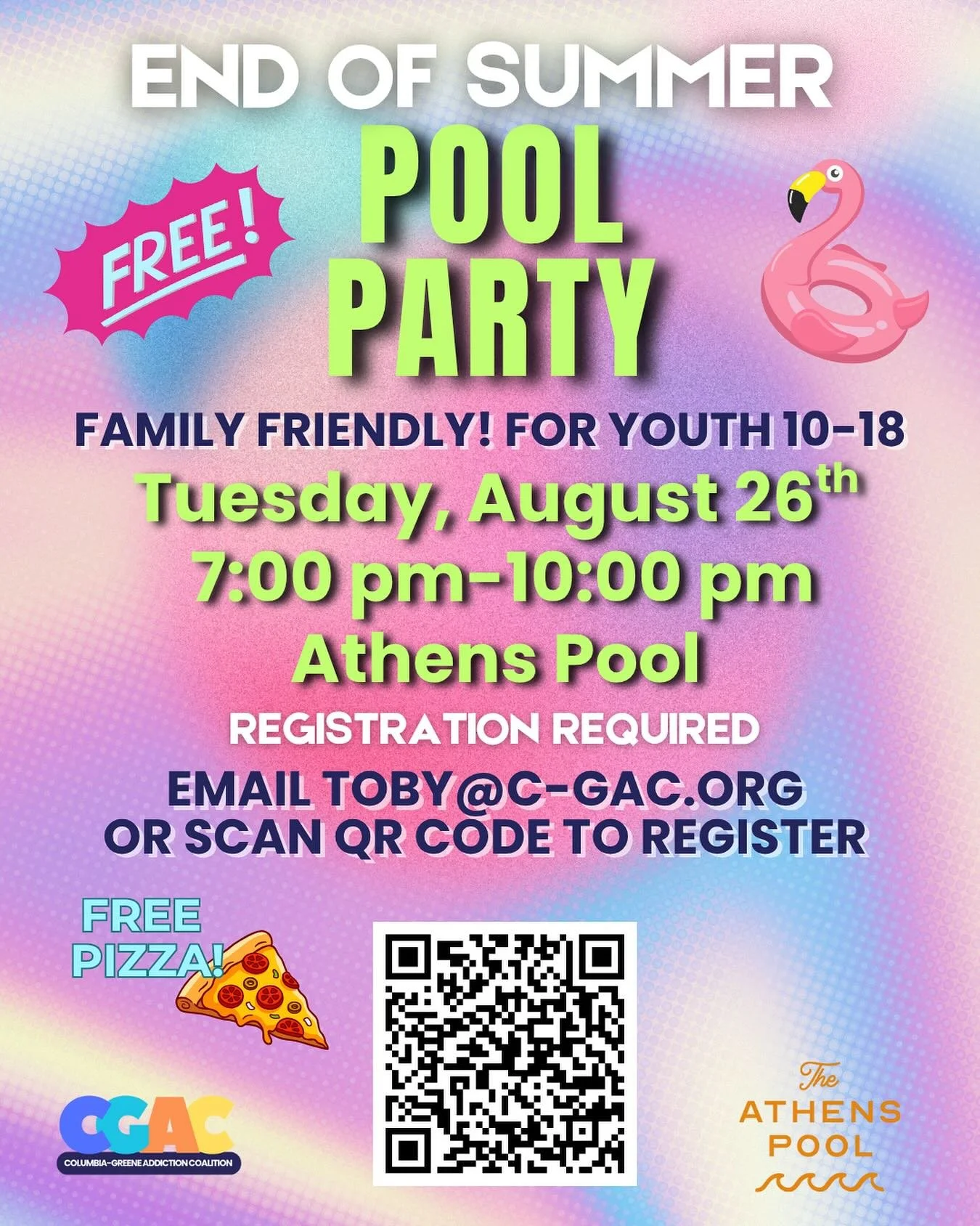 You&rsquo;re invited! 🩱🩳🤿💦🛝⛱️

Join us for our End Of Summer Pool Party @athenspool on 8/26 from 7-10pm

✅ FREE family friendly event that includes 🍕for youth 10-18 

✅Registration is required, scan QR code or email Toby@c-gac.org 
 
#summerfun