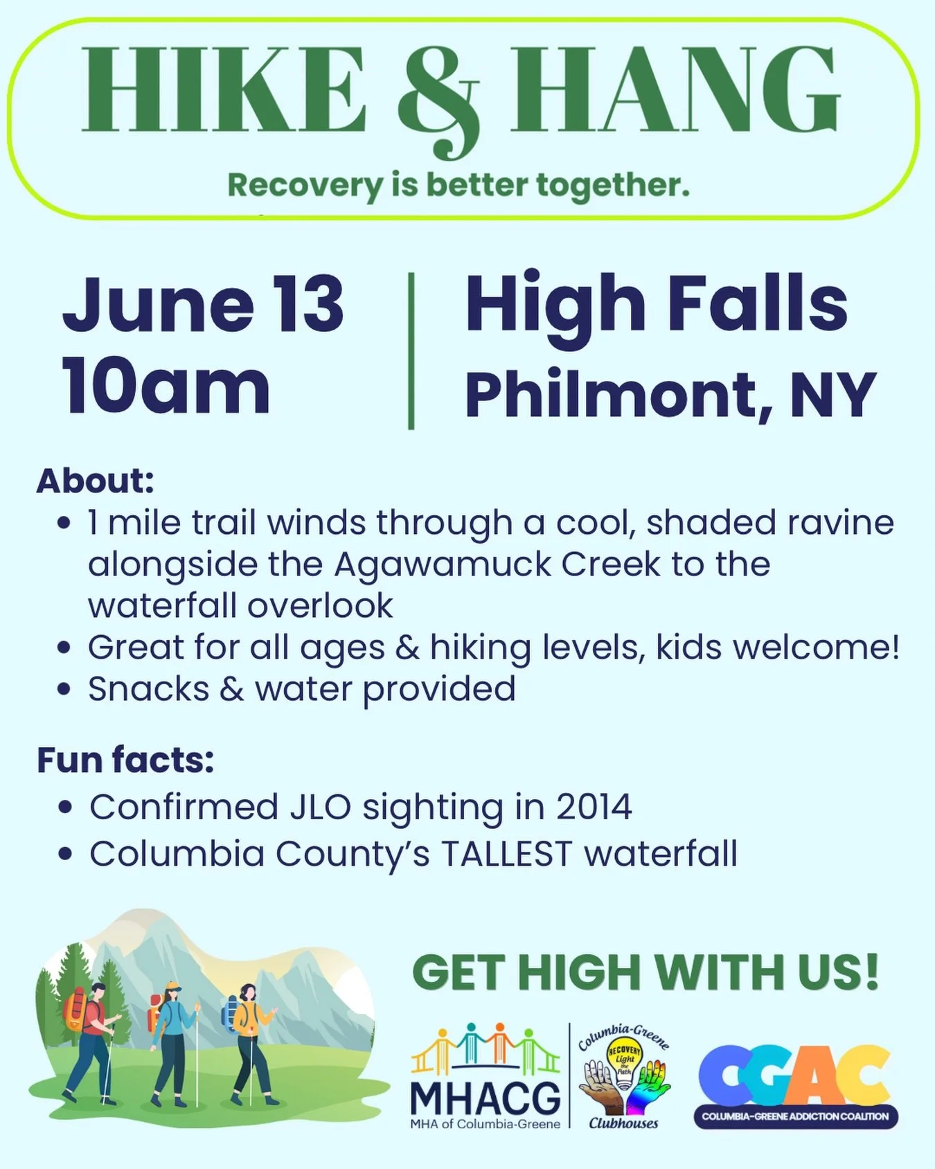 Get outside, breathe deep, and catch a natural high from the good vibes and great views! ⛰️

Join us for our next Hike &amp; Hang at High Falls Conservation Area (540 Roxbury Rd, Philmont) on Saturday, June 13 at 10AM! Kids welcome, snacks and water 