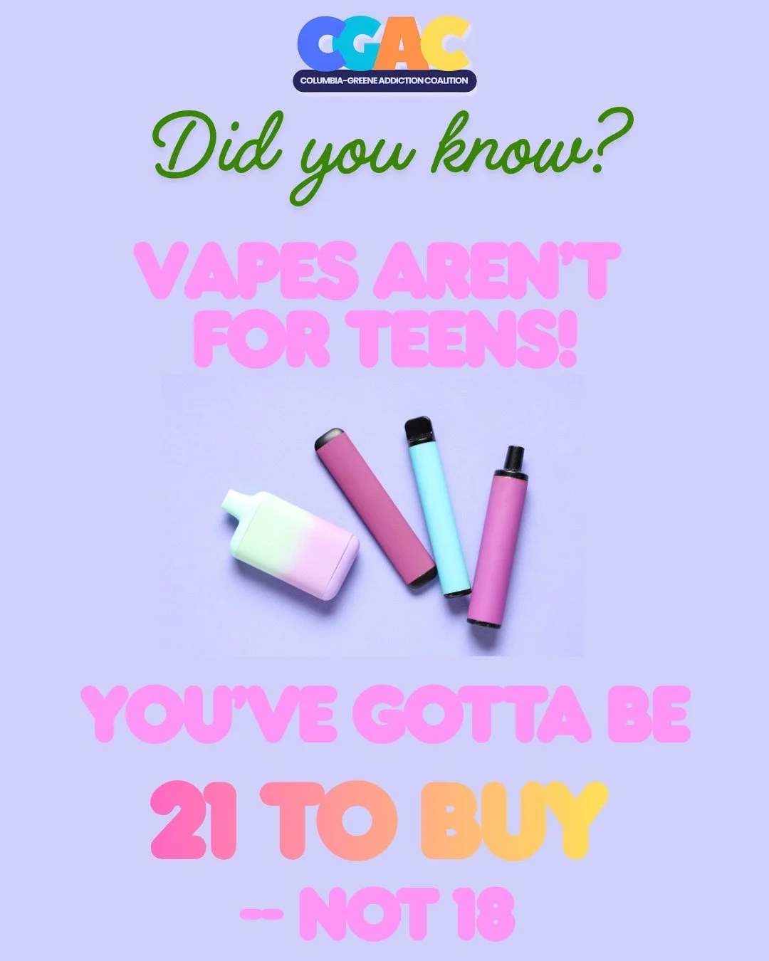 Did you know? In New York State, the legal age to buy or possess vape products is 21 &mdash; not 18.

That includes:
✔️ E-cigarettes
✔️ Nicotine vape liquids
✔️ Tobacco vape products
✔️ Cannabis vape products