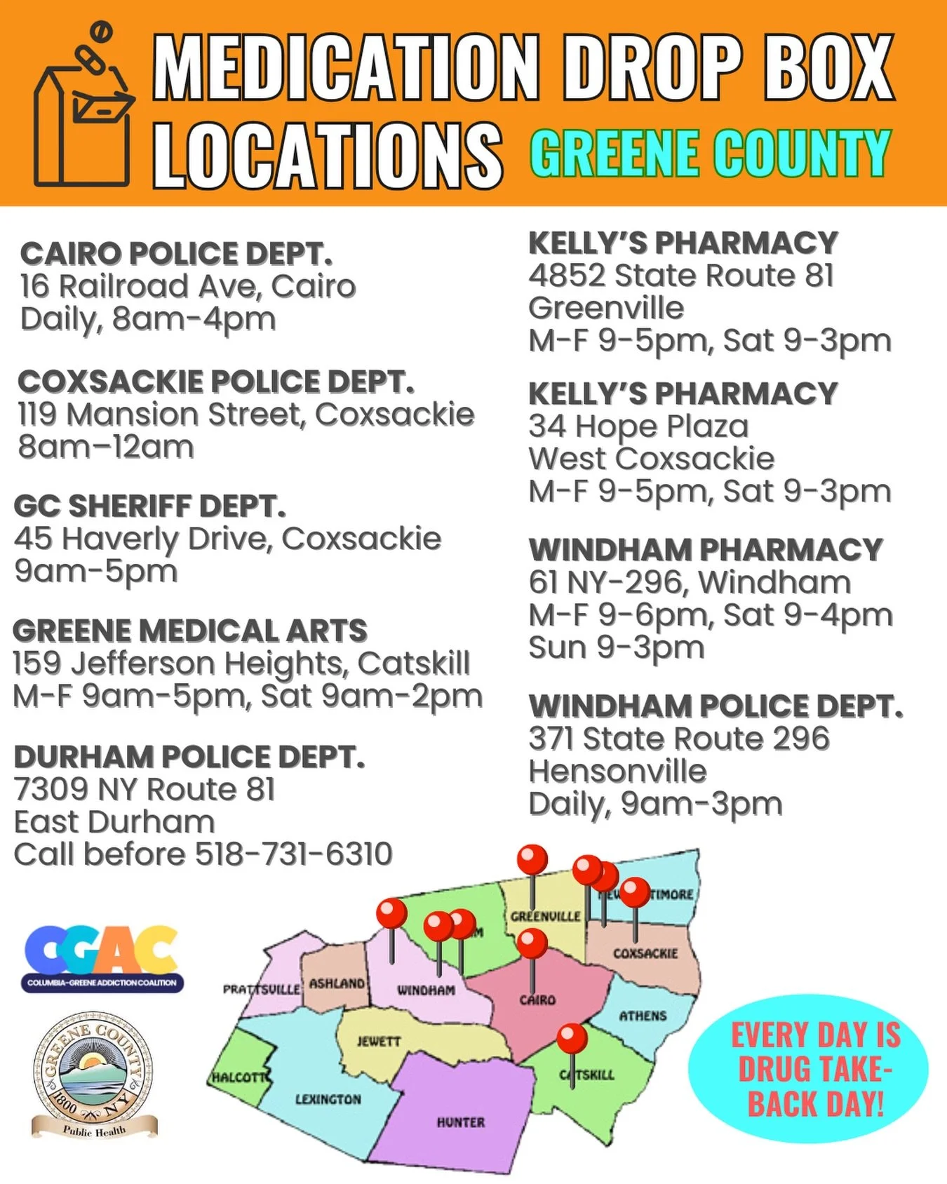 Drug take back day is every day in Greene county! #dropyourdrugs #medicationsafety #drugtakrbackday #justdoit #rxsafedisposal