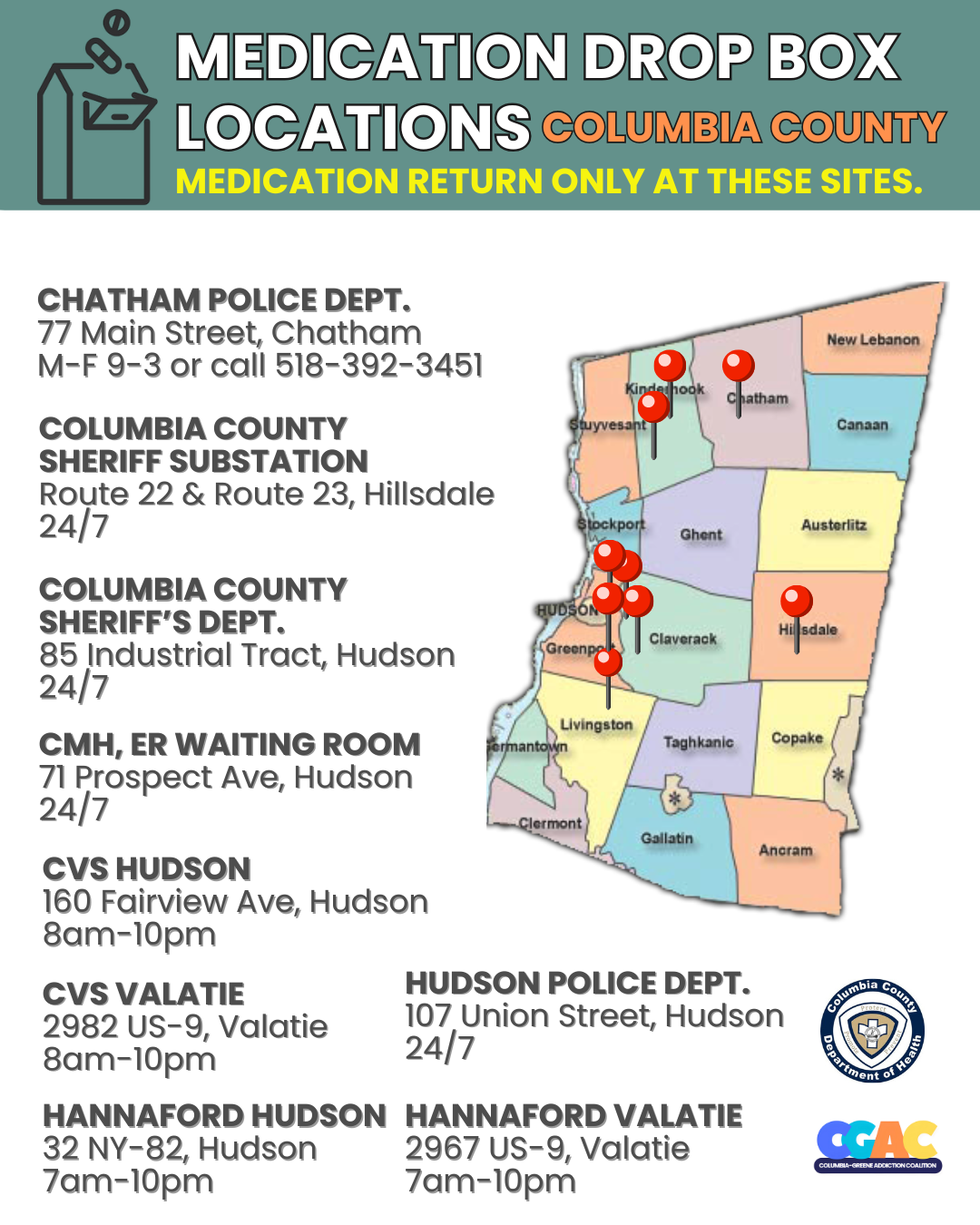 Map of Columbia County, New York, showing medication drop box locations in various towns with contact information, hours of operation, and police departments.