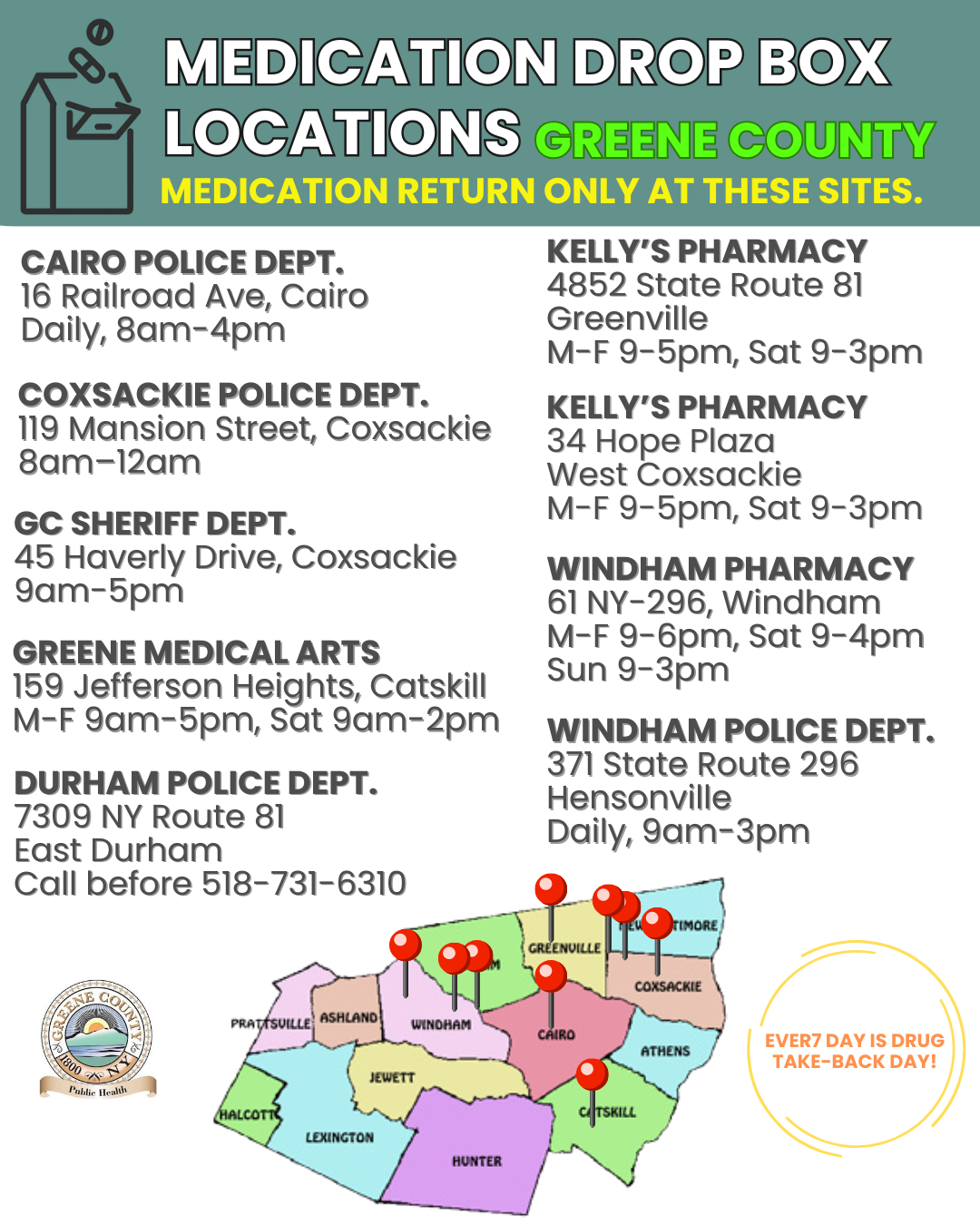 Map of Greene County showing locations of medication drop box sites with addresses and hours, including police departments, pharmacies, and medical arts. Nearby is a reminder that every day is drug take-back day.