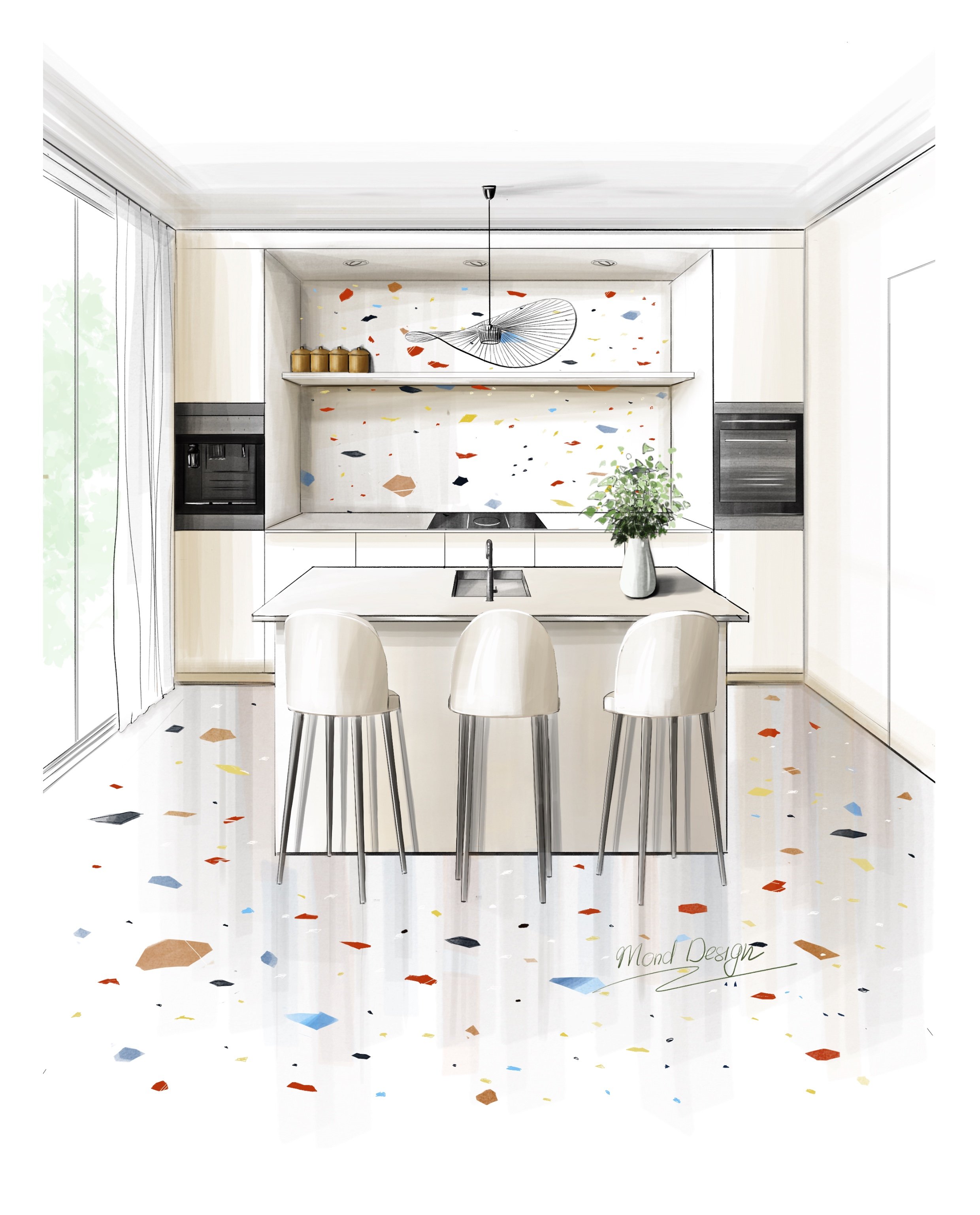 Modern kitchen interior design sketch featuring white cabinetry, colorful terrazzo flooring, bar stools, pendant lighting, and a plant on the island. Designed by a South West London interior designer, specialising in contemporary kitchen design, besp
