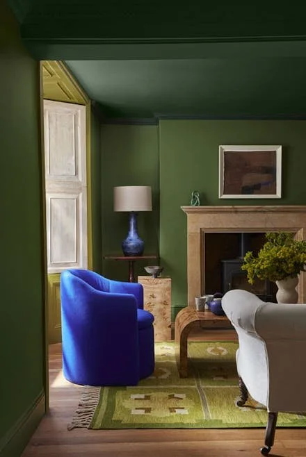 Walls and ceiling are painted in deep green colour