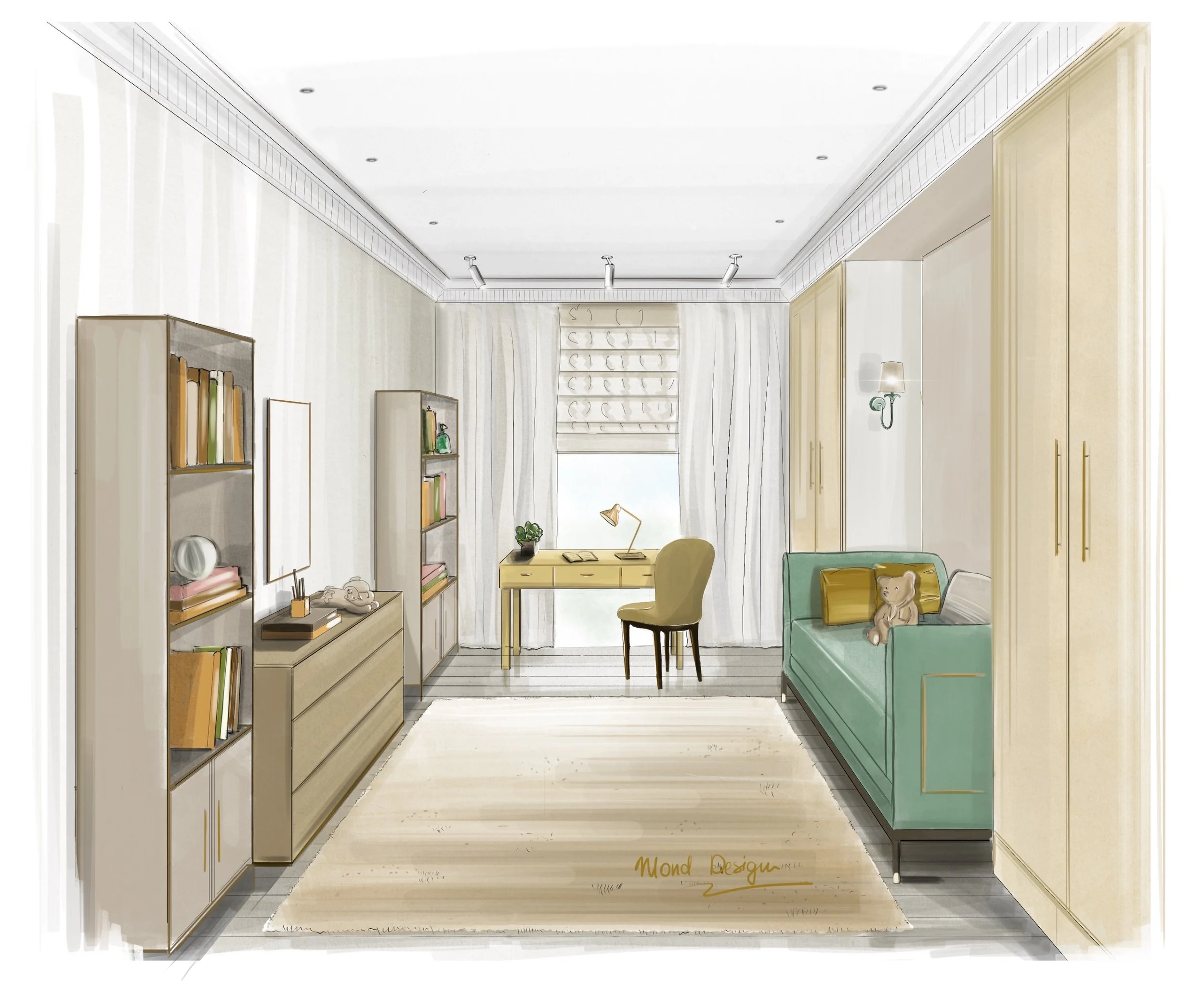 Minimalist study room interior illustration featuring a desk, chair, shelves, a green sofa, teddy bear, and light beige décor. Designed by a South West London interior designer, specialising in contemporary study and home office design, bespoke inter