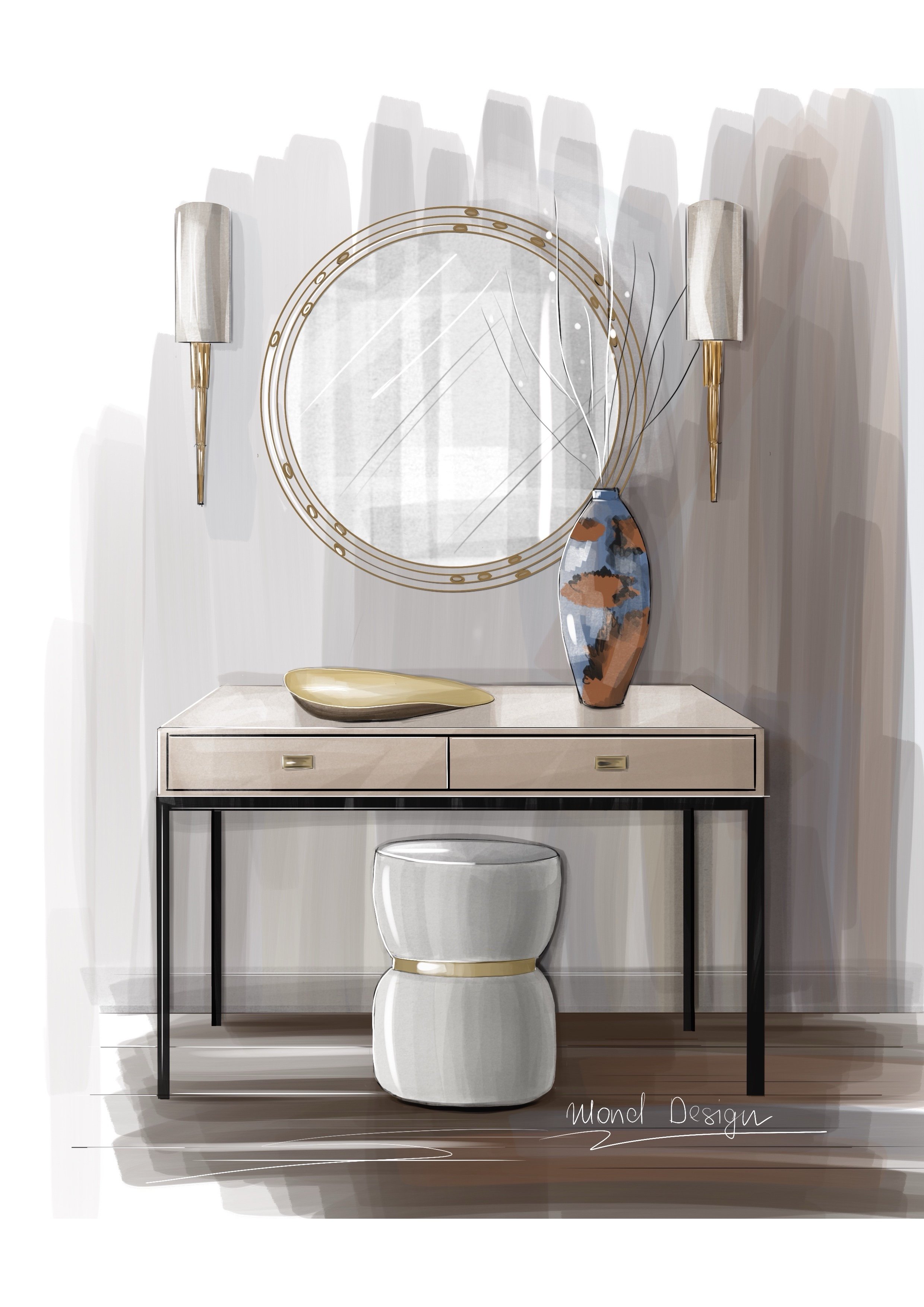 Modern interior décor illustration featuring a round mirror above a console table, decorative vase, wall sconces, and a round ottoman. Designed by a South West London interior designer, specialising in contemporary home styling, interior makeovers, a