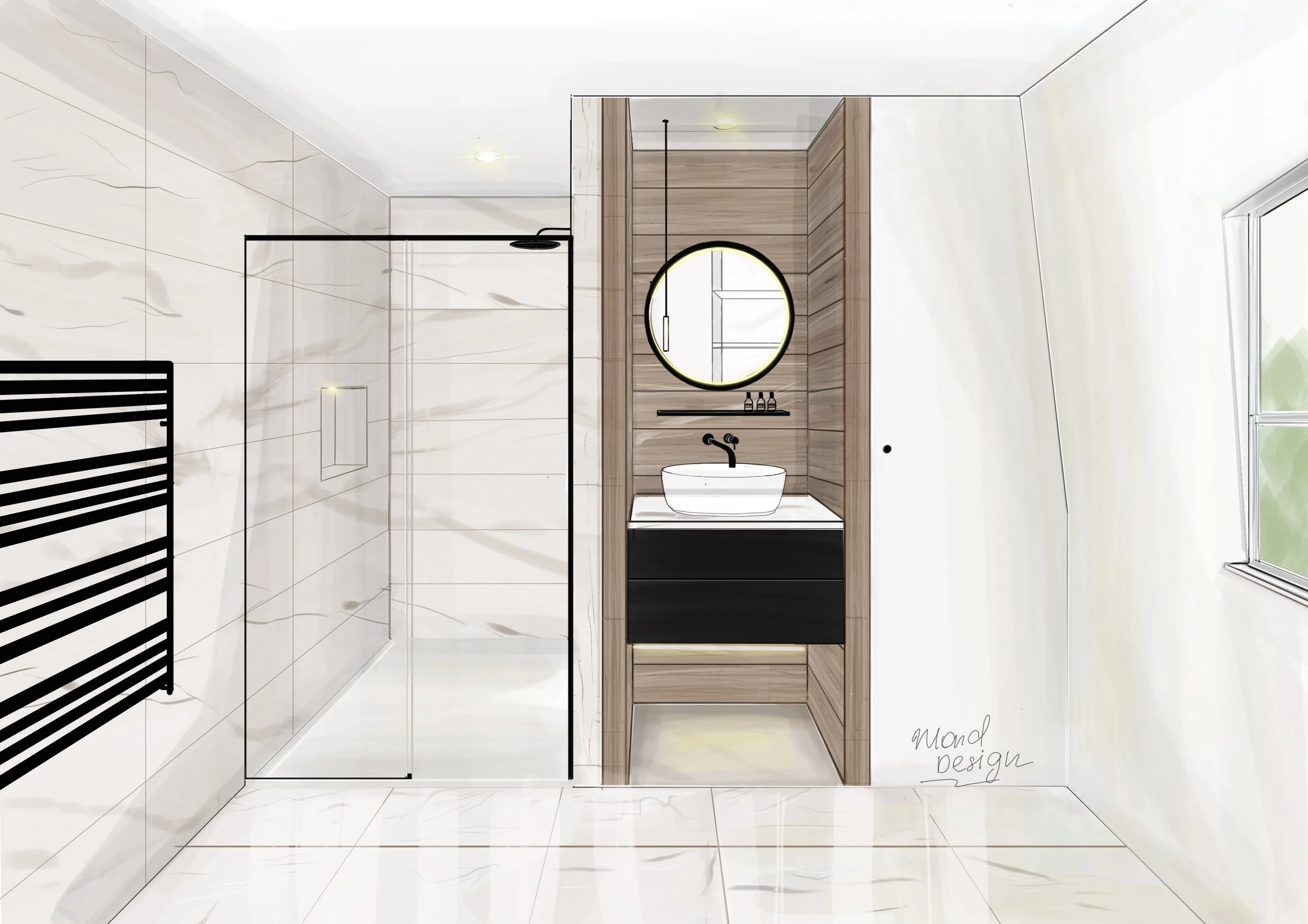 Modern bathroom interior design featuring a large shower with glass door, round mirror, sink, and wood paneling. Designed by a South West London interior designer, specialising in contemporary bathroom design, bespoke home interiors, and stylish reno