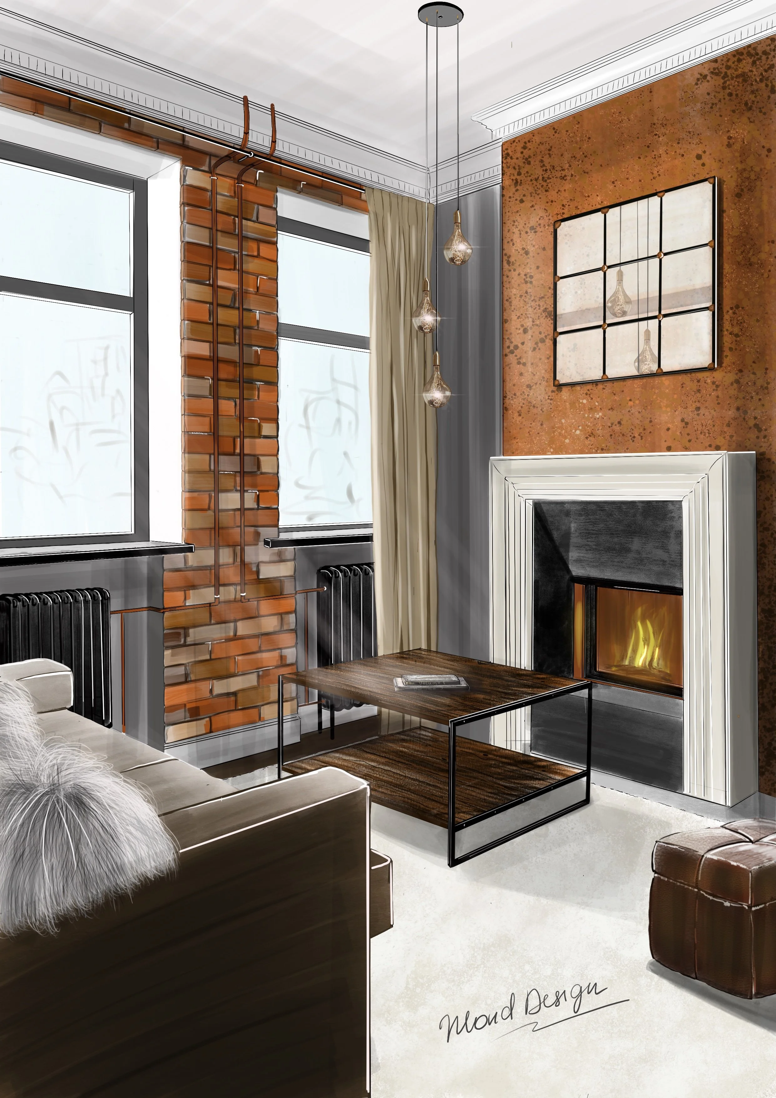Cozy living room interior design featuring a modern fireplace, exposed brick wall, large windows, and a plush sofa. The space includes minimalist décor and pendant lighting. Designed by a South West London interior designer, specialising in contempor