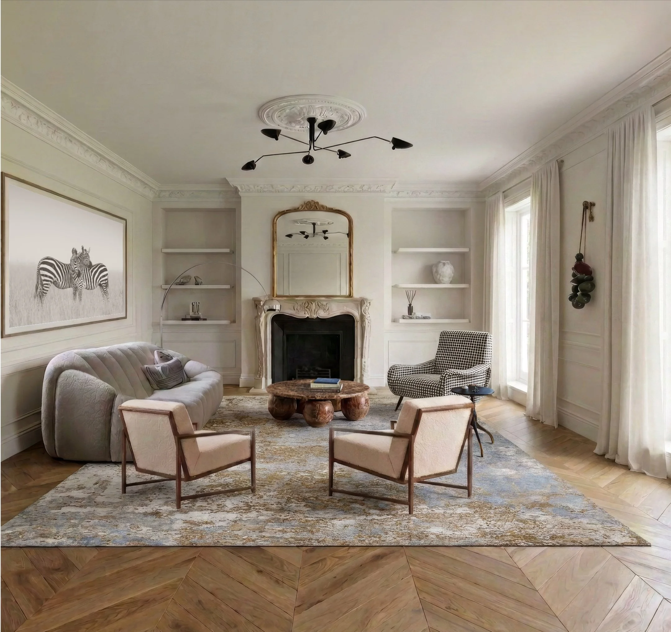 Elegant living room with cream-colored sofa, checkered armchair, round wooden coffee table, large ornate mirror above fireplace, zebra artwork on wall, and large windows with white curtains.