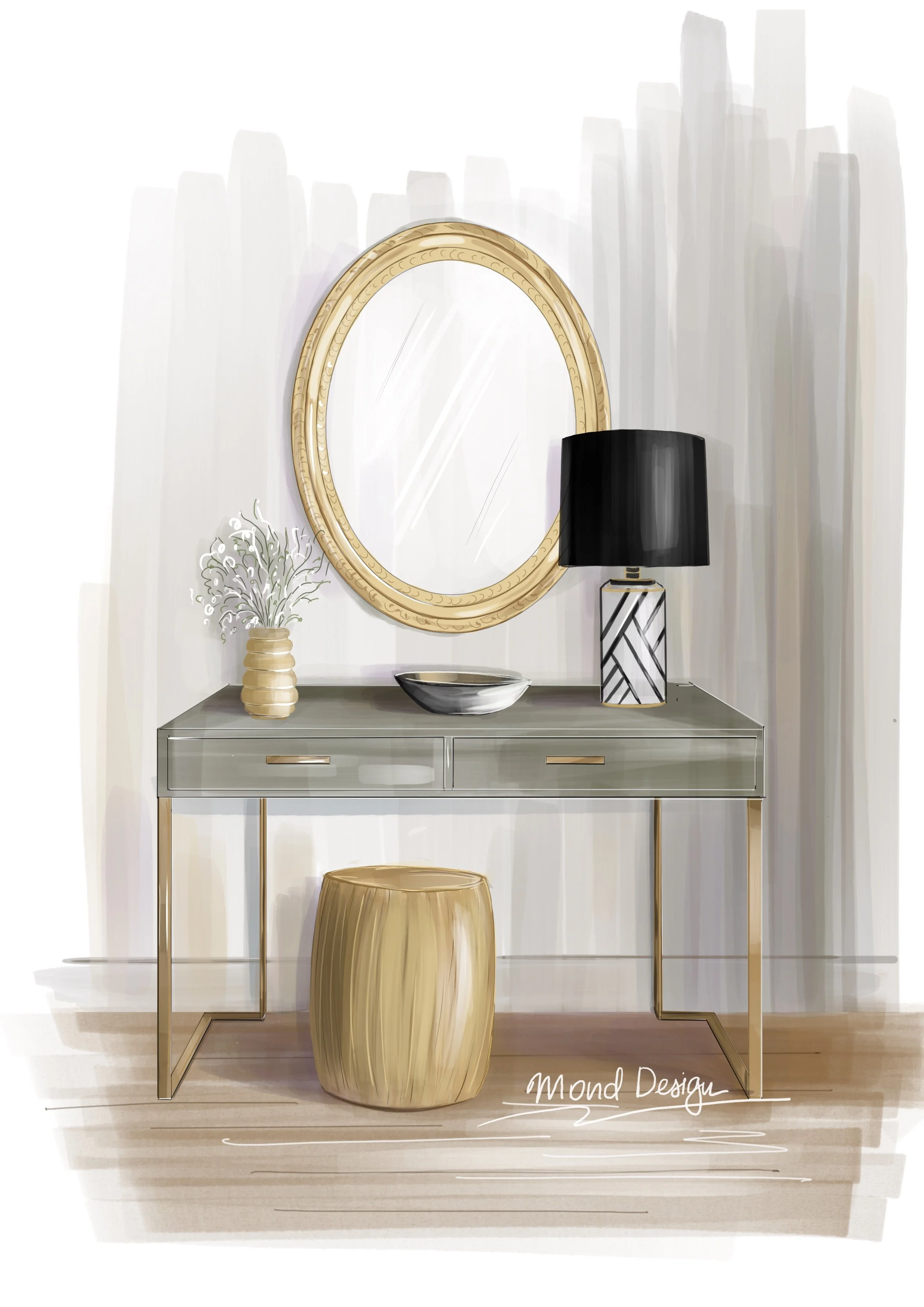 Entrance in our Cobham project.  Decorative console table with a gold oval mirror, a black and white table lamp, a gray bowl, a beige vase with white foliage, and a beige stool, against a white wall with soft painted background.