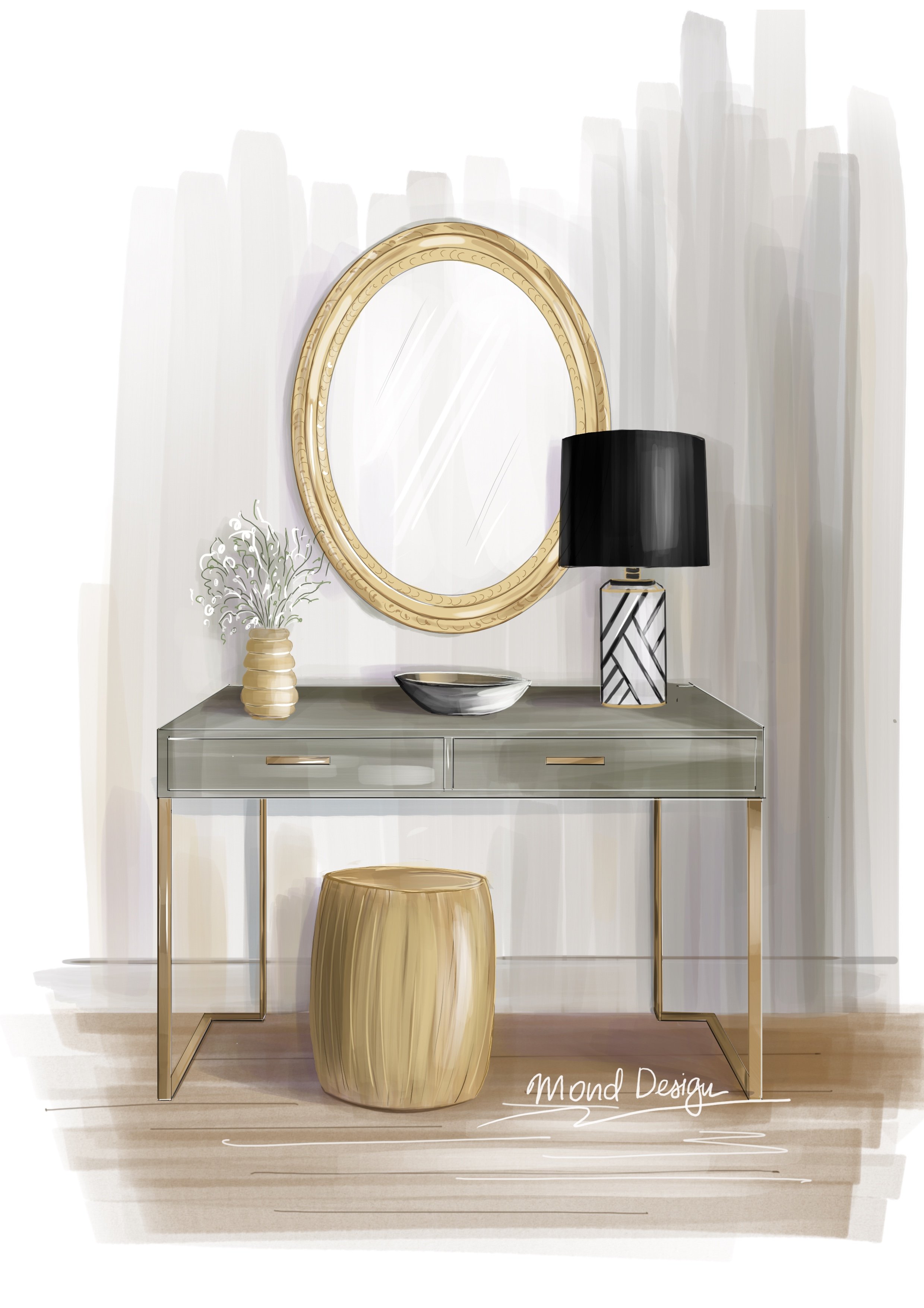 Modern dressing table interior illustration featuring a round mirror, lamp, and stool. Designed by a South West London interior designer, specialising in contemporary bedroom styling, bespoke dressing areas, and elegant home interiors for clients in 