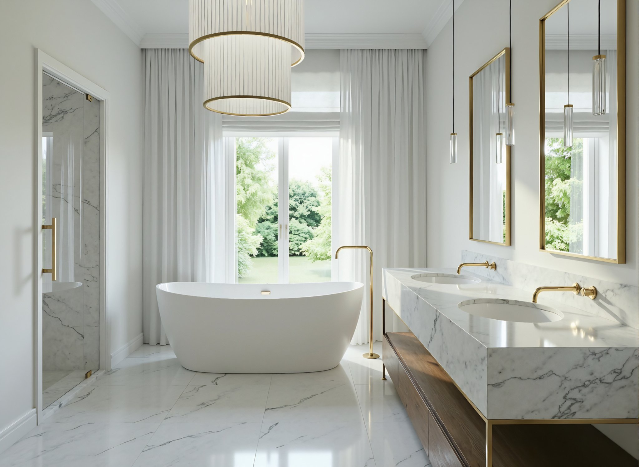 Kensington luxurious bathroom with freestanding bathtub, marble countertops, and elegant fixtures.
