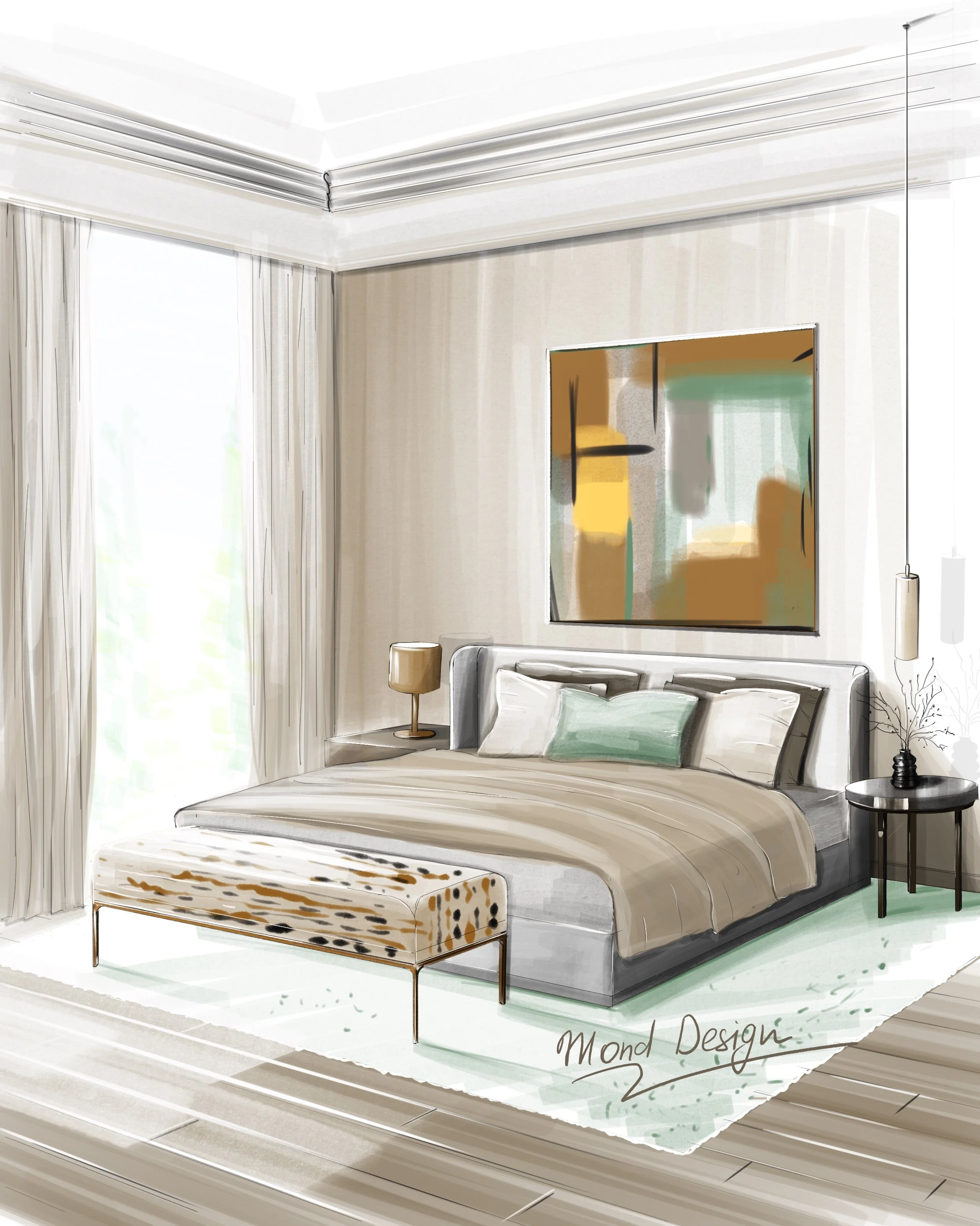 Modern bedroom interior design illustration featuring a bed, abstract wall art, and stylish furniture. Created by a South West London interior designer, specialising in contemporary bedroom design, bespoke home interiors, and elegant renovations for 